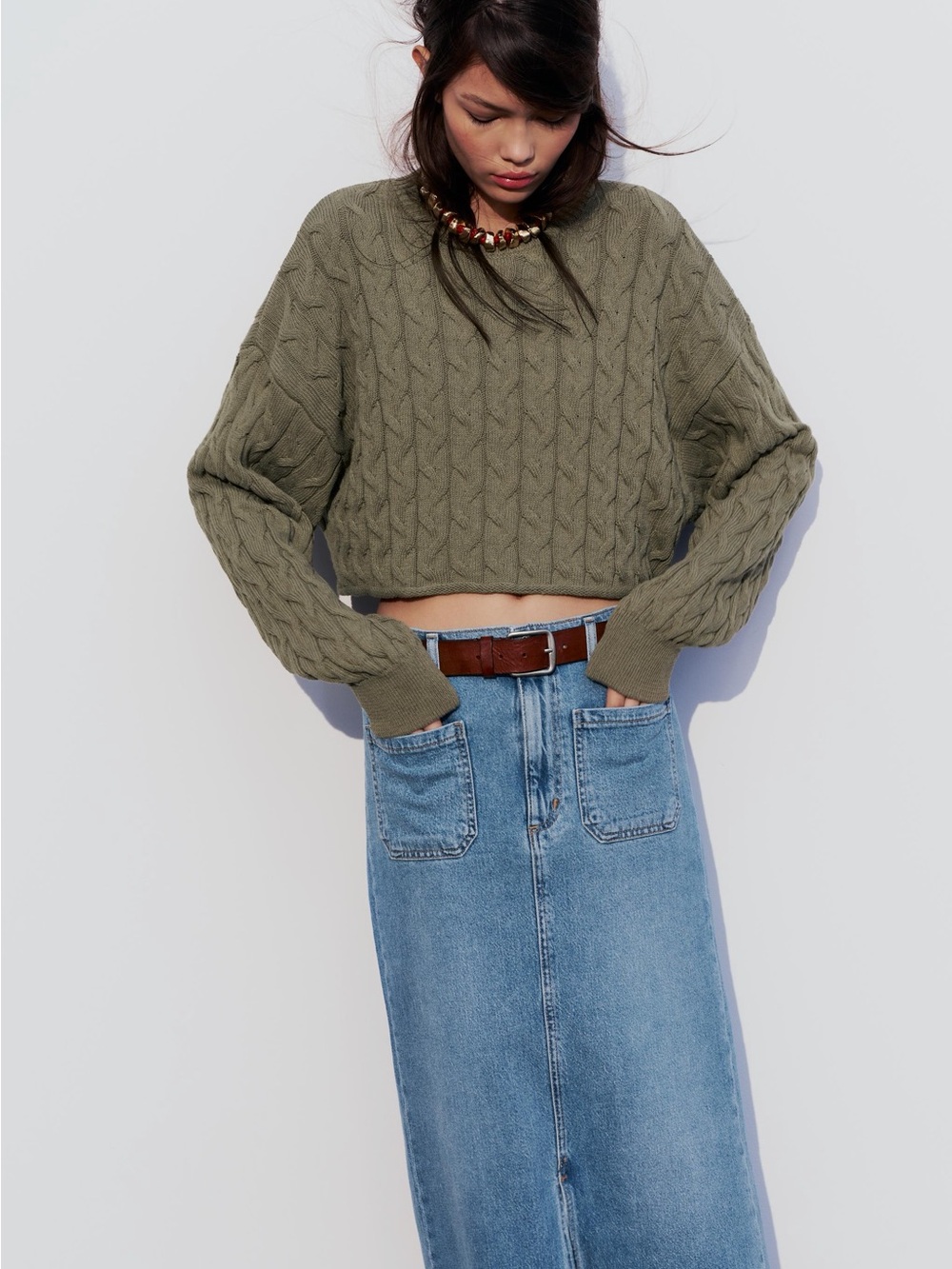 Zara Olive Cable Knit Cropped Crew Sweater